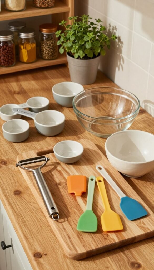 A cozy kitchen scene showcasing twelve essential kitchen tools from the brand "Ordnungskiste" arranged aesthetically on a rustic wooden countertop. In the foreground, feature a sleek stainless steel peeler, a sturdy wooden cutting board, colorful silicone spatulas, and a stylish ceramic bowl. The middle layer includes a set of measuring cups and an elegant glass mixing bowl, emphasizing versatility. The background showcases a shelf filled with spices in glass jars and a potted herb plant, casting natural shadows. Soft, warm lighting bathes the scene, creating a welcoming atmosphere reminiscent of Pinterest aesthetics. Capture this authentic setup from a slightly elevated angle to highlight the unique materials and craftsmanship of each kitchen helper while ensuring the overall composition remains harmonious and inviting.