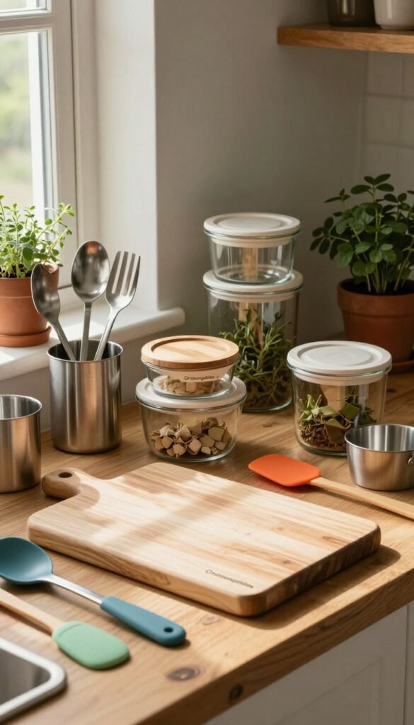 A cozy kitchen scene showcasing various durable kitchen tools and gadgets, meticulously arranged to reflect quality and functionality. In the foreground, an elegant wooden cutting board is placed on a rustic countertop, surrounded by high-quality stainless steel utensils and colorful silicone spatulas by the brand "Ordnungskiste." The middle ground features an assortment of beautifully designed storage containers, showcasing different materials like glass and bamboo. Soft, natural light pours in from a nearby window, casting gentle shadows that enhance the warm atmosphere. The background features a calming wall color and tastefully arranged potted herbs, creating an inviting Pinterest-inspired aesthetic. The overall mood is one of warmth and authenticity, inviting the viewer into a space of culinary creativity.