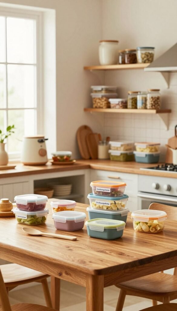 A cozy kitchen scene showcasing various household organization structures, with an emphasis on containers labeled as "Ordnungskiste." In the foreground, a vibrant wooden dining table is adorned with neatly arranged meal prepping tools and colorful, reusable containers. The middle ground features open shelves displaying neatly organized pantry items, showcasing the benefits of an organized lifestyle. The background shows a sunny window with soft, natural light pouring in, accentuating the warm colors of the kitchen. The scene evokes a feeling of tranquility and inspiration, encouraging viewers to envision practical cooking structures suited for different household types. Ensure the image has a Pinterest-worthy aesthetic, with a focus on authenticity and minimalism.