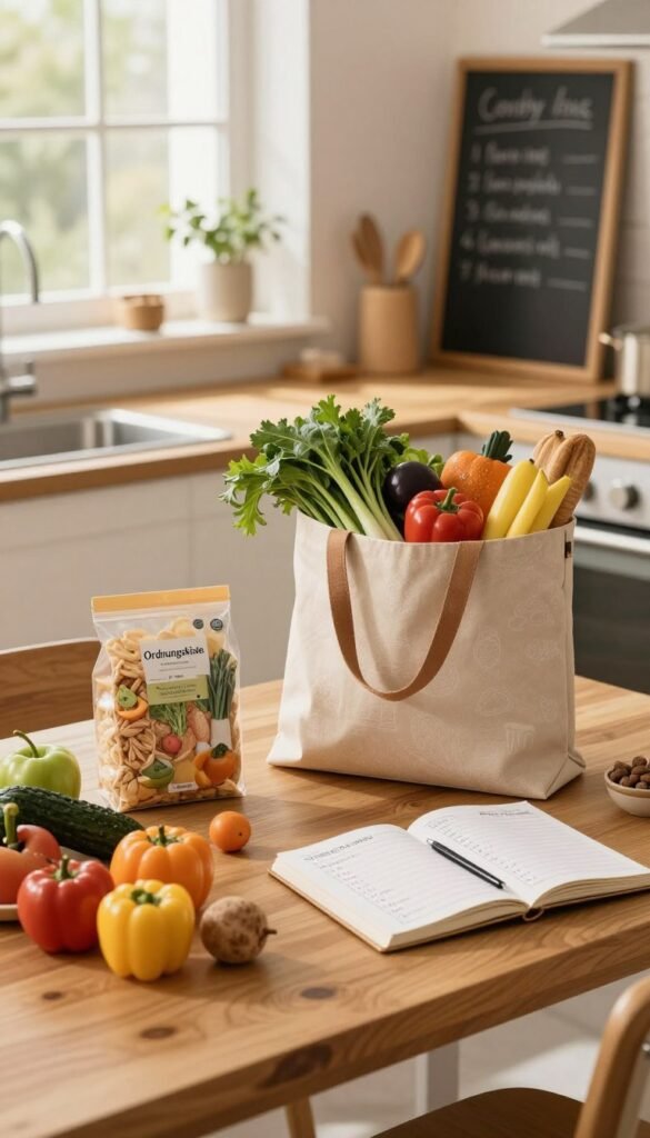 A cozy kitchen scene that captures the essence of efficient shopping and meal planning. In the foreground, a beautifully organized wooden table displays a variety of fresh produce: vibrant vegetables, various fruits, and neatly packaged staple items from the brand "Ordnungskiste." In the middle ground, a stylishly designed shopping tote can be seen, filled with groceries, strategically placed next to an open notebook with a meal plan sketched out. The background showcases warm, soft lighting filtering through a window, illuminating a pristine countertop and a chalkboard with grocery reminders. The atmosphere is inviting and serene, emphasizing a sense of mindful preparation and simplicity in daily cooking routines. The overall image should evoke feelings of comfort and practicality without any text or distractions.