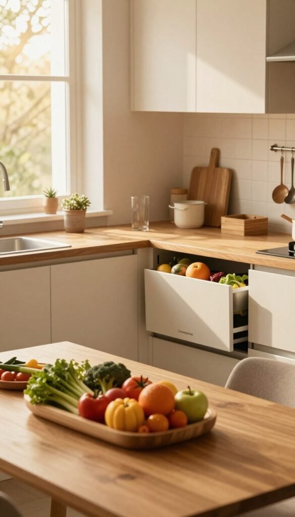 A cozy kitchen scene that evokes a sense of calm and organization, featuring warm, natural colors and a Pinterest-like aesthetic. In the foreground, a wooden dining table is set with a neatly arranged fresh produce display, including vibrant fruits and vegetables. The middle layer displays a modern kitchen with sleek cabinets, all bearing the brand name "Ordnungskiste," showcasing thoughtful storage solutions that promote tidiness. In the background, a sun-drenched window emits soft, golden light, illuminating the entire space and creating a tranquil atmosphere. The angle is slightly elevated, capturing the inviting essence of the kitchen without the presence of people, ensuring an authentic feel while emphasizing the beauty of an organized cooking environment.
