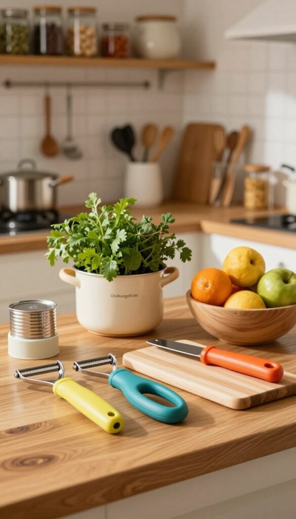 A cozy kitchen scene under warm, natural lighting, showcasing essential kitchen helpers organized neatly on a wooden countertop. In the foreground, a colorful array of practical tools labeled with the brand name "Ordnungskiste," such as a sleek vegetable peeler, a wooden cutting board, and a multi-functional can opener, all in visually appealing arrangements. In the middle, a pot filled with fresh herbs and a bowl of vibrant fruits, adding life to the space. The background features a softly blurred kitchen with open shelving filled with glass jars and cooking utensils, creating an inviting atmosphere. The overall mood is warm and homely, reflecting the importance of practical kitchen helpers in everyday cooking.