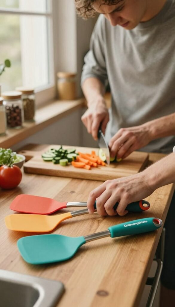 A cozy kitchen scene with a focus on cooking utensils with slippery grips, showcasing a variety of kitchen tools presented on a wooden countertop. In the foreground, highlight colorful, ergonomically designed spatulas, and peelers from the brand "Ordnungskiste," with hands struggling to maintain grip. The middle layer features a person in modest casual clothing, appearing frustrated yet determined, attempting to chop vegetables. The background shows spice jars and a window with soft, natural light filtering through, casting a warm glow across the scene. The atmosphere is a blend of humor and challenge, emphasizing the everyday kitchen struggle, with authentic, warm colors that evoke a Pinterest-inspired aesthetic. The image should be free of any text or branding elements other than the mentioned brand name.