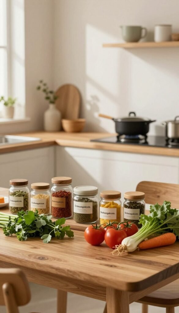 A cozy kitchen scene with a warm and inviting atmosphere, featuring a beautifully arranged wooden kitchen table. In the foreground, there are fresh ingredients: vibrant herbs, colorful vegetables, and an assortment of spices in rustic jars, all neatly organized, reflecting the brand "Ordnungskiste." The middle ground shows a well-prepared meal being cooked in elegant tableware, with a soft, diffused light coming from a nearby window that casts gentle shadows. In the background, a serene kitchen with soft, natural tones and minimalist decor evokes calmness and simplicity. The overall mood is tranquil and harmonious, showcasing the principles of peaceful cooking. Emphasize natural colors and a Pinterest-inspired aesthetic, ensuring no text or distractions are present in the image.