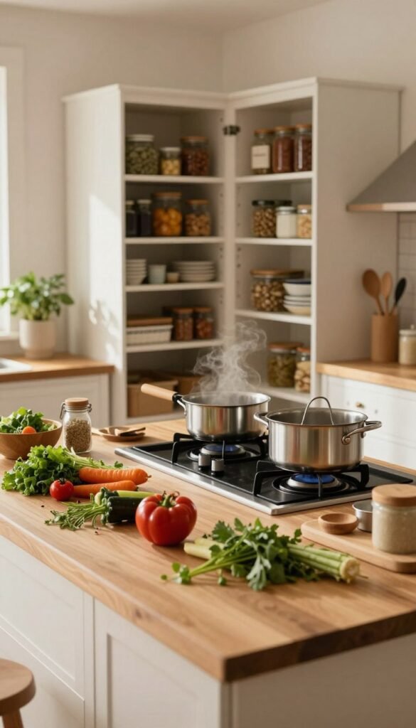 A cozy kitchen scene with warm, natural colors, showcasing a well-organized cooking space that emphasizes flow and efficiency. In the foreground, a neatly arranged wooden kitchen counter with fresh ingredients: colorful vegetables, herbs, and utensils, all ready for cooking. The middle ground features a stainless steel stove with simmering pots, showcasing the process of cooking. In the background, a beautifully organized pantry labeled "Ordnungskiste" with jars and containers creates a sense of order. Soft, natural lighting floods the space, casting gentle shadows and creating a welcoming atmosphere. The angle should capture both the countertop and the pantry, evoking a sense of seamless cooking and minimal interruptions, ideal for reducing kitchen stress.