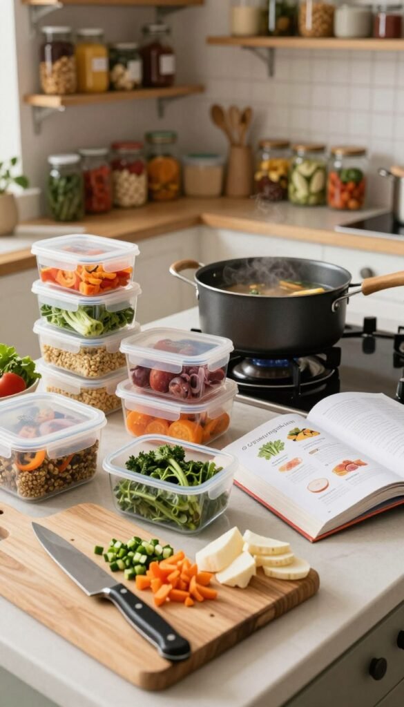 A cozy kitchen setting bathed in warm, natural light, featuring an organized countertop filled with an array of colorful, nutritious meal prep ingredients&mdash;fresh vegetables, grains, and proteins neatly arranged in clear containers labeled with the brand name "Ordnungskiste". In the foreground, there&rsquo;s a wooden cutting board with a knife and some chopped ingredients, emphasizing the preparation aspect. In the middle, a cooking pot simmers gently on the stove, and a recipe book lies open, showcasing a systematic approach to batch cooking. The background reveals shelves stocked with jars of prepared meals, creating a sense of abundance and efficiency. The atmosphere is inviting and calm, promoting a stress-free cooking experience while highlighting the benefits of batch cooking over daily meal preparation.