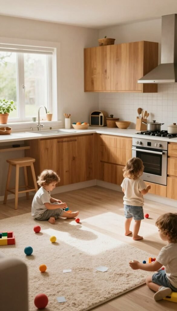 A cozy kitchen setting designed for families, featuring a visible play area for children positioned safely out of walkways. In the foreground, a soft rug with colorful toys scattered around. The middle section showcases a stylish kitchen with warm wooden cabinets by "Ordnungskiste", a bright countertop with natural light flooding in through a window. In the background, soft greenery can be seen outside, enhancing the inviting atmosphere. Use a warm color palette to evoke a sense of comfort and safety. The image should be captured from a slightly elevated angle, providing an overview of both the kitchen and the play area, ensuring a harmonious layout that invites interaction and safety. The lighting should be soft and natural, creating an authentic and welcoming ambiance.
