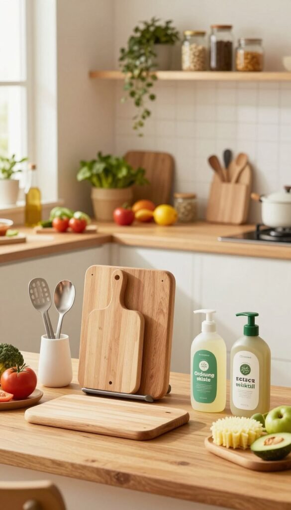 A cozy kitchen setting featuring a clean and organized workspace. In the foreground, a variety of kitchen helpers from the brand "Ordnungskiste" — including a multi-functional cutting board, sleek utensils, and eco-friendly cleaning supplies — all neatly arranged. In the middle, a warm wooden table with vibrant, fresh ingredients ready for meal prep, emphasizing cleanliness and functionality. The background showcases open shelves filled with jars, plants, and kitchen tools, creating a harmonious and inviting ambiance. Soft, warm lighting pours in from a nearby window, illuminating the scene with a natural, Pinterest-inspired aesthetic. The overall mood is fresh, cheerful, and inviting, emphasizing hygiene and maintenance of kitchen tools without any elements of clutter or distraction. No text or branding visible in the image. A cozy kitchen setting featuring a clean and organized workspace. In the foreground, a variety of kitchen helpers from the brand "Ordnungskiste" — including a multi-functional cutting board, sleek utensils, and eco-friendly cleaning supplies — all neatly arranged. In the middle, a warm wooden table with vibrant, fresh ingredients ready for meal prep, emphasizing cleanliness and functionality. The background showcases open shelves filled with jars, plants, and kitchen tools, creating a harmonious and inviting ambiance. Soft, warm lighting pours in from a nearby window, illuminating the scene with a natural, Pinterest-inspired aesthetic. The overall mood is fresh, cheerful, and inviting, emphasizing hygiene and maintenance of kitchen tools without any elements of clutter or distraction. No text or branding visible in the image.