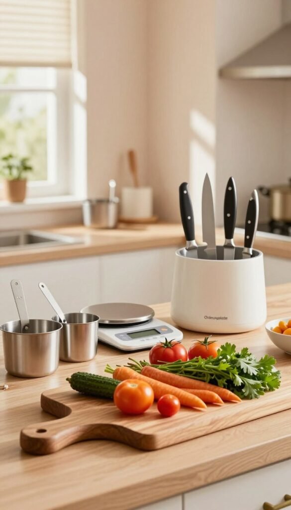 A cozy kitchen setting featuring an array of high-quality kitchen tools and gadgets neatly organized in an "Ordnungskiste." In the foreground, showcase a beautifully crafted wooden cutting board with colorful vegetables and vibrant herbs arranged artfully. In the middle ground, include sleek utensils like measuring cups, a digital scale, and high-end knives. The background should display a warm, inviting kitchen atmosphere, with natural light streaming through a curtainless window, casting gentle shadows. Use a soft focus lens to create depth, emphasizing the organized tools against a subtle, pastel-colored wall. The ambiance should feel warm and welcoming, capturing the essence of thoughtful selection and usability in the culinary space.
