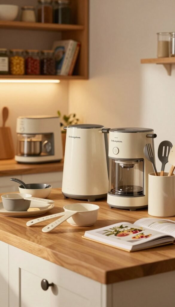 A cozy kitchen setting filled with essential cooking tools and organizational items, showcasing the brand "Ordnungskiste." In the foreground, a wooden countertop displays various kitchen helpers like measuring cups, utensils, and a recipe book, all arranged artfully. In the middle, sleek kitchen appliances blend harmoniously, with warm, ambient lighting illuminating surfaces, highlighting a sense of welcoming warmth. The background features softly blurred shelves stocked with spices and cookbooks, adding depth without distraction. The overall mood is inviting and practical, designed to evoke feelings of inspiration for a stress-free cooking experience. Emphasize natural colors and a Pinterest-inspired aesthetic, ensuring the setting feels authentic and relatable. No text or watermarks in the image.