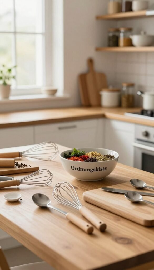 A cozy kitchen setting filled with various kitchen utensils laid out for an organized check. In the foreground, a wooden table displays neatly arranged tools like whisks, measuring spoons, and cutting boards, bathed in soft, warm lighting. The middle ground features a stylish bowl labeled "Ordnungskiste," filled with colorful spices and herbs, highlighting a concept of tidiness and efficiency. In the background, soft-focus shelves are lined with neatly organized jars and pots, adding to the peaceful atmosphere. A window allows natural light to stream in, creating a serene and inviting ambiance. The overall mood conveys a sense of reset and rejuvenation in the kitchen, embodying a Pinterest-inspired aesthetic that promotes simplicity and order.