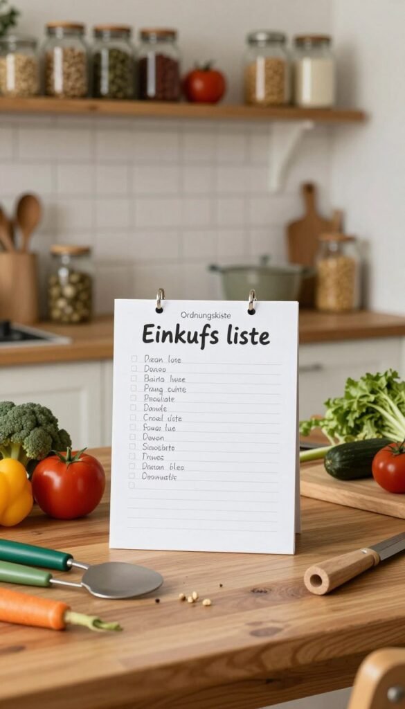 A cozy kitchen setting filled with warm, natural light, featuring a well-organized wooden table as the foreground element. On the table, a stylish and aesthetically pleasing shopping list labeled "Einkaufs liste" prominently displays neatly handwritten grocery items. Surrounding the list are fresh vegetables, fruits, and a set of handy kitchen tools, all arranged harmoniously to convey the joy of cooking. In the background, shelves are stocked with jars of spices and grains, bringing an authentic and lived-in feel. The overall atmosphere is inviting and practical, embodying the theme of efficiency and sustainability in shopping. The brand name "Ordnungskiste" is subtly incorporated into the design of the shopping list, enhancing its charm without being overwhelming.