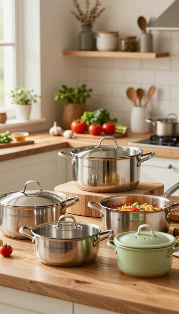 A cozy kitchen setting showcasing a variety of cooking pots by the brand "Ordnungskiste", arranged in the foreground. The pots are made of gleaming stainless steel and colorful enamel, demonstrating multiple sizes ideal for pasta, soups, and stews. In the middle ground, a wooden cutting board is adorned with fresh ingredients, such as tomatoes, herbs, and garlic, adding vibrancy to the scene. The background features softly lit shelves with neatly organized kitchen utensils and dried herbs, enhancing the warm atmosphere. The lighting is natural and inviting, coming from a nearby window, creating soft shadows. The overall mood is welcoming and homey, perfect for culinary exploration, with a Pinterest-inspired aesthetic that emphasizes authenticity and warmth.