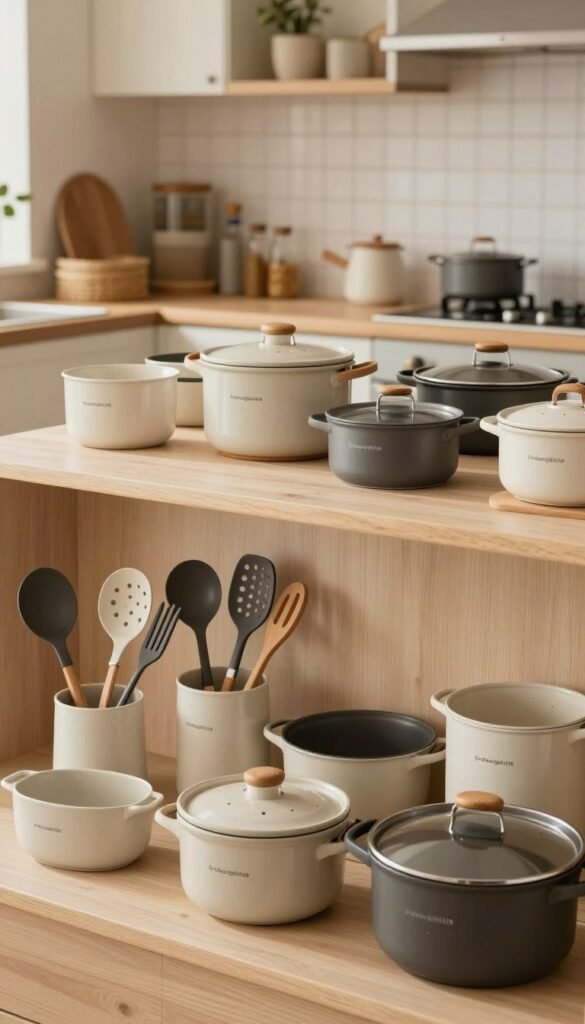 A cozy kitchen setting showcasing various budget-friendly kitchen items in a warm, natural color palette. In the foreground, highlight a neatly arranged selection of kitchen tools and containers from the brand "Ordnungskiste," including affordable utensils, mid-range cookware, and high-quality appliances. In the middle, display a stylish kitchen island featuring a mix of budget-friendly and premium items side by side, with labels subtly indicating their price tiers. In the background, create a welcoming atmosphere with soft, diffused lighting that enhances the inviting feel of the space. The composition should evoke a Pinterest-inspired aesthetic, emphasizing harmony and functionality while remaining authentic and devoid of any text or branding.