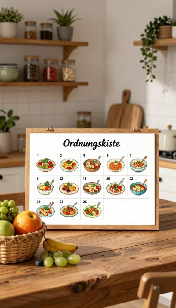 A cozy kitchen setting with a beautifully organized weekly meal planner displayed on a rustic wooden table. The planner, labeled "Ordnungskiste", features colorful and appetizing drawings of dishes for each day of the week. Vibrant fruits and vegetables spill out of a woven basket in the foreground, enhancing the fresh and inviting atmosphere. In the middle ground, shelves filled with jars of spices and cooking utensils create a sense of homeliness. Soft, warm lighting bathes the scene, casting gentle shadows and adding depth. The kitchen has a charming, Pinterest-inspired decor with plants and artisanal touches, fostering an atmosphere of relaxed and enjoyable cooking. The overall mood is warm, organized, and inspiring, showcasing the meal planning concept without any text or distractions.