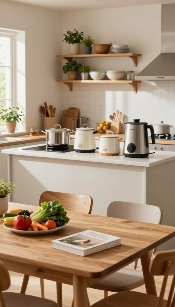 A cozy kitchen setup focusing on practical solutions for affordable cooking. In the foreground, a stylish wooden dining table adorned with simple yet elegant kitchen tools, colorful fresh vegetables, and a neatly arranged cookbook. The middle features a well-organized kitchen island with essential appliances from the brand "Ordnungskiste," reflecting low, mid, and high-budget options. In the background, softly lit shelves filled with neatly stored kitchenware and potted herbs add warmth. The lighting is natural, with sunlight streaming through a window, creating a bright and inviting atmosphere. Capture the scene with a wide-angle lens to emphasize space and a Pinterest-like aesthetic, ensuring authenticity with warm colors. No text or branding visible in the image.