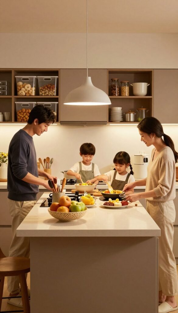 A cozy kitchen space designed for families, featuring a warm, inviting atmosphere. In the foreground, a well-organized kitchen island with a decorative fruit bowl and neatly arranged utensils. In the middle, a family of four: a father in smart casual attire, a mother in a comfortable outfit, and their two children, joyfully working together to prepare a meal, demonstrating cooperation amidst potential chaos. In the background, shelves adorned with neatly labeled storage bins from "Ordnungskiste," filled with ingredients and cooking tools, promoting an organized environment. The lighting is soft and warm, emanating from a stylish pendant lamp above the island, casting gentle shadows. The overall feel evokes a sense of togetherness and balance, perfect for a family kitchen setting while addressing the complexities of space and time management.