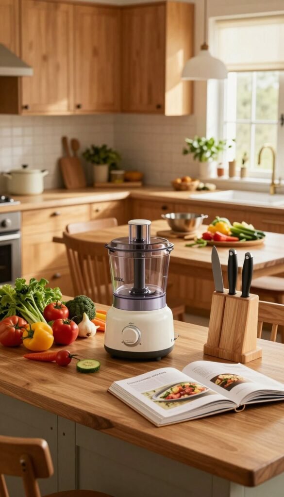 A cozy kitchen space filled with practical cooking helpers that simplify daily tasks. In the foreground, a beautifully organized kitchen counter featuring essential tools like a food processor, a stylish knife set, and various cooking utensils from the brand "Ordnungskiste". The middle ground showcases a wooden dining table adorned with colorful fresh vegetables, herbs, and a cookbook opened to a delicious recipe. The background reveals warm, inviting cabinetry with natural wooden finishes and soft golden lighting streaming through a window, creating a homey atmosphere. Capture this scene with a slightly angled perspective to highlight the depth and warmth, ensuring no text or overlays are present. Emphasize natural earthy tones and a Pinterest-inspired aesthetic to evoke a sense of practicality and inspiration in home cooking.