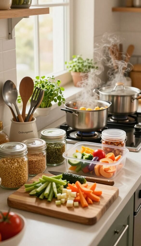 A cozy kitchen workspace filled with colorful meal prep ingredients arranged neatly. In the foreground, a wooden cutting board with chopped vegetables, grains in glass jars, and an organized "Ordnungskiste" holding various utensils. In the middle, a stovetop with simmering pots, steam rising gently, and fresh herbs in small pots adding a pop of green. The background features warm light coming through a window, illuminating the scene with a soft glow, creating a homely atmosphere. The overall mood is relaxed and inviting, reflecting the joy of preparing meals without stress. Capture the essence of smart and thoughtful meal prep, emphasizing a Pinterest-inspired aesthetic in natural, warm colors.