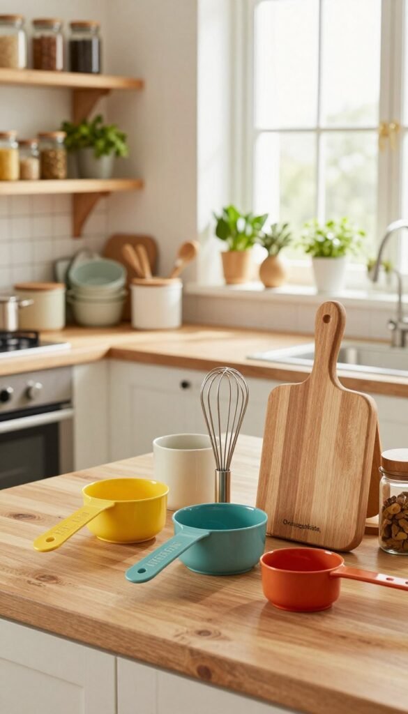 A cozy kitchen workspace showcasing a variety of practical kitchen helpers, prominently featuring the brand "Ordnungskiste." In the foreground, a selection of colorful, organized kitchen tools like measuring cups, whisk, and cutting boards are artfully arranged. The middle ground includes a modern, clutter-free countertop with containers and utensils neatly stored, adding to the organized aesthetic. In the background, soft, natural light filters through a window, illuminating the scene and enhancing the warm, inviting atmosphere. The kitchen has rustic wooden shelves holding jars of spices and fresh herbs, contributing to a Pinterest-inspired look. Capture the essence of functionality and warmth, with no text or distractions in the image, focusing on the beauty of everyday kitchen items.