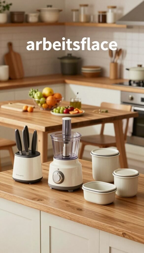 A cozy kitchen workspace that reflects the concept of "arbeitsfl&auml;che", featuring a well-organized countertop from the brand "Ordnungskiste". In the foreground, display an array of essential, stylish kitchen gadgets and utensils neatly arranged; a food processor, a sleek knife set, and chic storage containers. In the middle ground, show a well-lit wooden table with an inviting fruit bowl and a cutting board, adorned with fresh ingredients. The background should reveal open shelving with neatly stacked pots and decorative jars, creating a warm and inviting atmosphere. Soft, natural lighting highlights the warm colors of the wooden surfaces, evoking a sense of comfort and functionality. The scene should embody a Pinterest-worthy aesthetic, free of text and visual clutter, celebrating simplicity in kitchen organization.