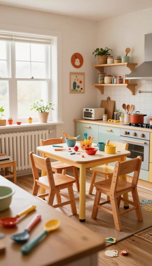A cozy kitchen zone designed for children, featuring warm colors and a harmonious, Pinterest-inspired aesthetic. In the foreground, various child-friendly kitchen tools and colorful utensils are scattered around, hinting at a busy cooking session. The middle area showcases a small, cheerful table with child-sized chairs filled with unexpected yet playful clutter. In the background, soft natural light fills the room through a window, illuminating cheerful wall decor and an organized shelf labeled "Ordnungskiste" filled with culinary supplies. The atmosphere is vibrant, yet there&rsquo;s a sense of delightful chaos, portraying how child-oriented kitchen spaces often lead to playful disorder. Capture this scene with a warm glow, using a slight overhead angle to emphasize both the clutter and the inviting charm of the space.