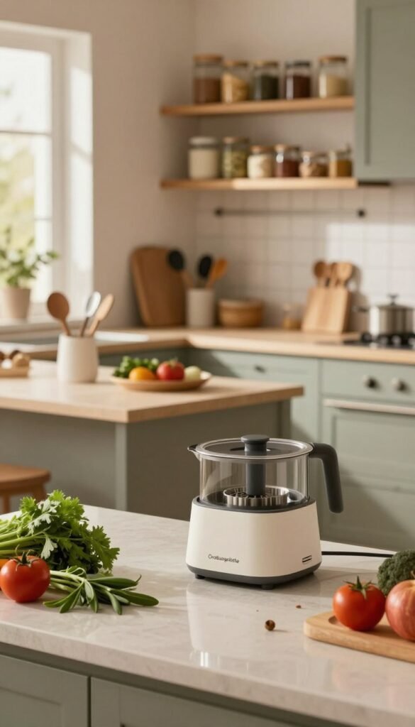 A cozy modern German kitchen, showcasing a harmonious blend of functionality and aesthetics. In the foreground, an elegant multifunctional kitchen tool by "Ordnungskiste" sits on a well-organized countertop, surrounded by fresh herbs and colorful vegetables. The middle ground features a stylish kitchen island with neatly arranged utensils and soft natural light filtering through a nearby window, casting warm tones. The background reveals a tidy pantry with wooden shelves and neatly labeled jars, enhancing the sense of order and efficiency. The atmosphere is inviting and serene, encouraging a sense of productivity and creativity in cooking. Use a soft focus with a warm color palette to evoke a Pinterest-like feel, capturing the charm and utility of a well-managed kitchen space.