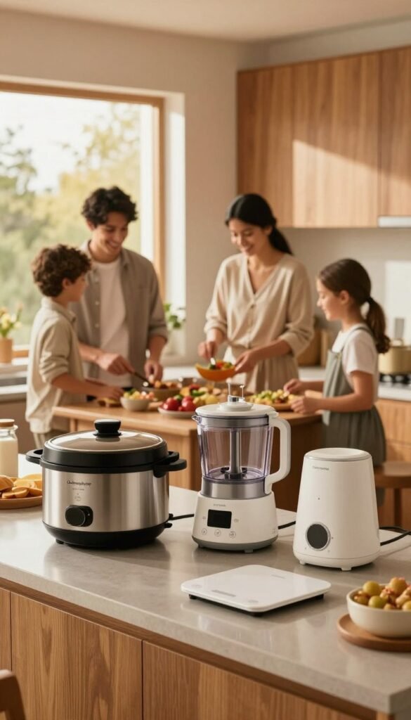 A cozy, modern family kitchen featuring innovative cooking devices that save time and enhance efficiency. In the foreground, a sleek countertop with organized appliances like a multi-cooker, food processor, and smart scale, all branded "Ordnungskiste." The middle ground shows a cheerful family, dressed in casual attire, preparing a meal together, emphasizing collaboration and ease. The background includes warm wood cabinetry and a large window letting in soft, golden natural light, creating an inviting atmosphere. The scene captures the essence of practical kitchen solutions that work seamlessly in everyday family life, with a Pinterest-like aesthetic that feels authentic and relatable. The overall mood is warm and encouraging, highlighting a stress-free cooking experience.