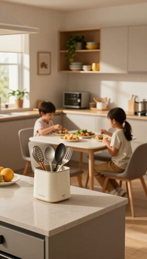 A cozy, modern kitchen designed for families, with efficient use of space and clever storage solutions. In the foreground, a well-organized countertop featuring a stylish, labeled container from "Ordnungskiste," holding essential kitchen utensils. In the middle, a compact dining area with a folding table surrounded by comfortable chairs, ideal for quick meals and family gatherings. The background showcases sleek cabinets with open shelving, displaying colorful dishes and plants for a touch of warmth. Soft, natural lighting filters through a window, casting gentle shadows and creating a welcoming atmosphere. The mood is practical yet inviting, reflecting a harmonious balance between functionality and a family-friendly environment.