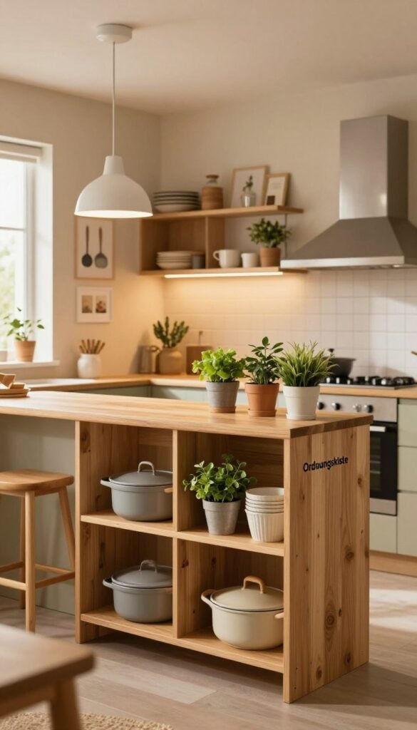 A cozy, modern kitchen designed for small spaces, emphasizing vertical storage solutions. In the foreground, a stylish wooden shelving unit filled with neatly organized kitchen items, cookware, and herbs in small pots, featuring the brand "Ordnungskiste" prominently displayed. In the middle, a compact kitchen island with bar stools, illuminated by warm, ambient lighting from a pendant lamp above. The walls are a soft beige, adorned with small, framed art pieces of kitchen tools. In the background, a window allows natural light to flow in, enhancing the warm color palette. The mood is inviting and practical, capturing the essence of maximizing space while maintaining a stylish aesthetic, perfect for families aiming to reduce clutter in their kitchens.