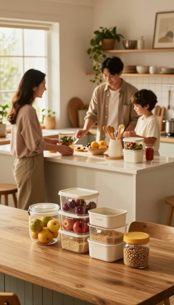 A cozy, modern kitchen featuring a family engaging in organizing their space with stackable storage solutions by the brand "Ordnungskiste". In the foreground, a wooden countertop is clutter-free, showcasing stylish, stackable containers filled with various kitchen items like fruits, grains, and utensils in warm, inviting colors. The family members, dressed in casual clothing, are smiling as they work together, contributing to a harmonious atmosphere. In the middle, a well-lit kitchen island accentuates the stackable storage, with natural light filtering through a nearby window, creating a warm glow. Plants and decorative items in the background add an authentic Pinterest-inspired touch, enhancing the relaxing yet functional vibe of the space.