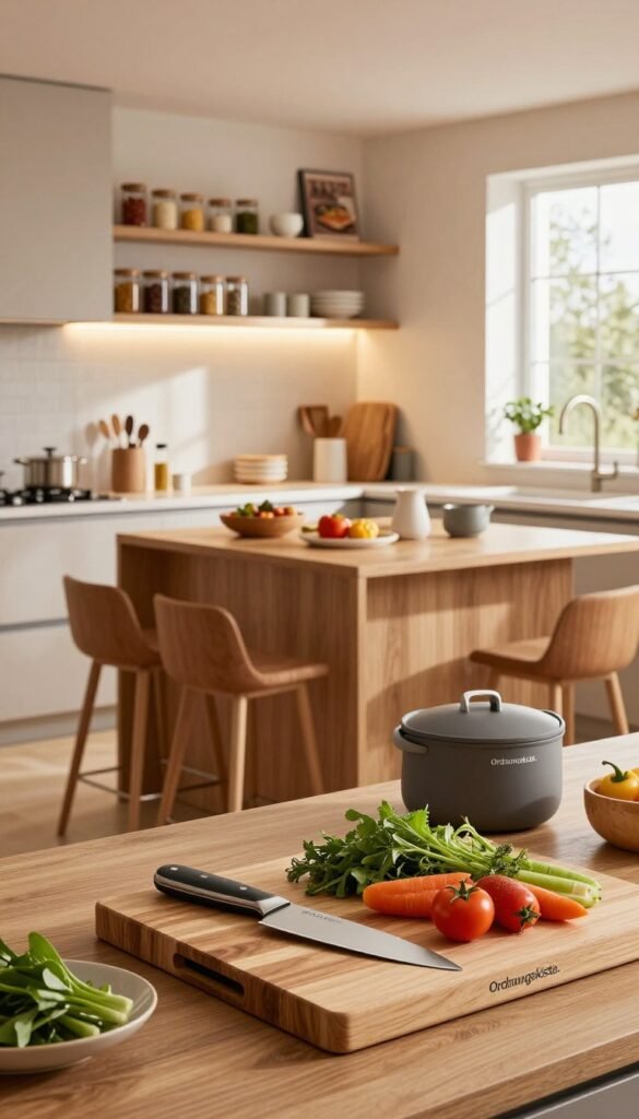 A cozy, modern kitchen featuring a well-organized layout with essential cooking tools and gadgets from the brand "Ordnungskiste." In the foreground, display a stylish cutting board with fresh vegetables and herbs, alongside high-quality kitchen knives and utensils. The middle ground showcases an inviting kitchen island with bar stools, illuminated by warm, soft lighting overhead. Add elegant shelf displays of neatly arranged spices in glass jars and cooking books, hinting at culinary exploration. In the background, large windows allow natural light to stream in, highlighting the warm wood tones and ceramic accents of the kitchen. The atmosphere is welcoming and inspiring, evoking a sense of warmth and creativity, perfect for cooking enthusiasts.
