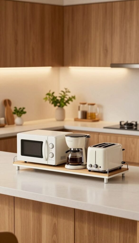 A cozy, modern kitchen featuring an efficient device storage solution. In the foreground, a neatly organized kitchen shelf labeled "Ordnungskiste" showcases various small appliances like a microwave, coffee maker, and toaster, creatively integrated into the design. The middle ground highlights a sleek, minimalist kitchen countertop with ample space, adorned with a few green herbs for a touch of freshness. The background reveals warm wooden cabinetry, illuminated by soft, ambient lighting that creates an inviting atmosphere. This natural image exudes a Pinterest-worthy aesthetic, emphasizing smart and practical solutions for small kitchens. The overall mood is harmonious and stylish, focusing on space-saving efficiency without any text or overlays.