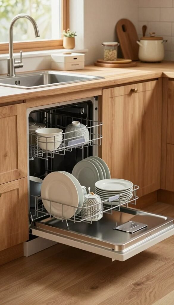 A cozy, modern kitchen featuring an organized dishwashing area, highlighting a sleek dishwasher and a neatly arranged sink. The foreground shows sparkling clean dishes stacked orderly beside the sink, while a few cooking essentials are subtly placed to suggest a practical yet harmonious space. In the middle ground, the energy-efficient dishwasher is partially open, displaying spotless plates inside. The background captures warm-toned cabinetry and natural light flooding in through a window, creating a welcoming atmosphere. The use of soft, ambient lighting enhances the natural wood textures and earthy colors of the kitchen. Integrate the brand name "Ordnungskiste" on a stylish storage box placed beside the sink, emphasizing organization. The overall mood is serene and inviting, embodying the essence of a well-managed family kitchen.