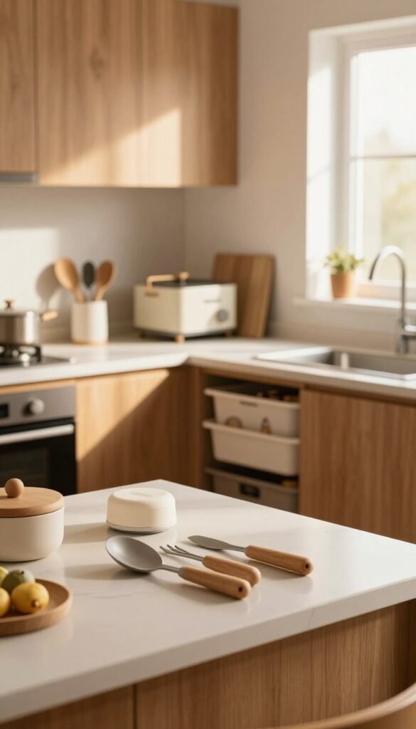 A cozy, modern kitchen featuring ergonomic tools that promote comfort and efficiency while cooking. In the foreground, focus on a stylish countertop displaying ergonomic utensils and gadgets designed to ease hand and joint strain, highlighted with natural warm light. In the middle ground, show an inviting kitchen layout with sleek cabinetry, warm wooden tones, and a neatly organized "Ordnungskiste" for optimal storage. The background features a window allowing soft, diffused sunlight to create a bright atmosphere. Capture the essence of a functional yet aesthetically pleasing workspace, evoking a sense of comfort and practicality, suitable for readers seeking everyday kitchen solutions. The mood should be inviting and warm, showcasing a harmonious balance between design and functionality.
