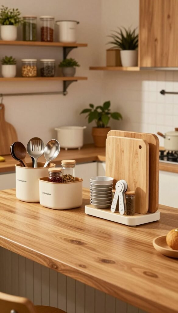A cozy, modern kitchen featuring innovative space-saving kitchen aids arranged harmoniously. In the foreground, an elegant wooden countertop holds stylish storage boxes branded "Ordnungskiste" filled with utensils and spices. In the middle, a sleek, multi-functional kitchen tool set, such as stackable measuring cups and foldable cutting boards, is displayed, showcasing their practical design. The background reveals a small kitchen layout with shelves filled with neatly organized containers and plants, enhancing the atmosphere. Soft, warm lighting bathes the scene, creating a welcoming ambiance that radiates homemaking comfort. The image captures the essence of small-space efficiency and aesthetic appeal, designed without any text or distractions.