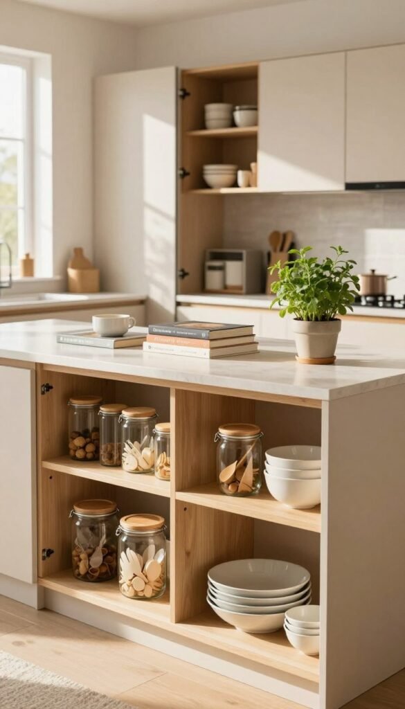 A cozy, modern kitchen featuring innovative storage solutions with a warm, Pinterest-inspired aesthetic. In the foreground, showcase neatly organized shelves filled with elegant glass jars, bowls, and utensils, all arranged in a visually appealing manner. In the middle ground, highlight a stylish island with neatly stacked cookbooks and a potted herb, emphasizing cleanliness and accessibility. The background should include softly lit cabinetry with sliding doors, showcasing hidden compartments, maximizing space, and creating an uncluttered look. Use natural lighting to create a warm and inviting atmosphere, with sunlight streaming in from a nearby window. Capture the scene from a slightly elevated angle to emphasize depth and the orderly design. Incorporate the brand "Ordnungskiste" subtly through stylish containers in the kitchen, enhancing the overall theme of organization.