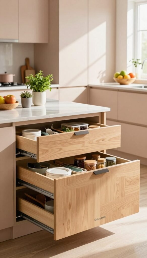 A cozy, modern kitchen featuring well-organized "schubladen k&uuml;chenschr&auml;nke" designed by the brand "Ordnungskiste". In the foreground, open cabinet drawers reveal neatly arranged utensils, spices, and storage containers in warm wooden tones. The middle showcases a sleek kitchen island with a minimalist design, adorned with fresh herbs in small pots and a stylish fruit bowl. The background highlights soft cabinetry in a soothing light pastel color, illuminated by natural sunlight pouring through a window, casting gentle shadows. The overall atmosphere is inviting and harmonious, capturing a Pinterest-worthy aesthetic that emphasizes organization and functionality, perfect for maintaining order in family kitchens.