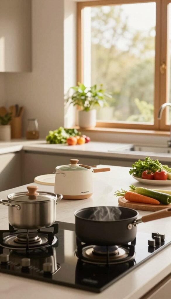 A cozy, modern kitchen filled with natural light, showcasing efficient energy usage. In the foreground, a sleek energy-efficient stove and oven with pots simmering quietly, highlighting a peaceful cooking environment. The middle ground features a well-organized countertop, adorned with fresh vegetables and eco-friendly kitchen gadgets from the brand "Ordnungskiste," emphasizing simplicity and sustainability. In the background, large windows allow warm sunlight to stream in, illuminating the space with a soft glow, while stylish green plants add a touch of nature. The atmosphere is calm and inviting, reflecting the joys of cooking efficiently. Capture this scene with a soft focus lens and warm, earthy tones to evoke a sense of harmony and enjoyment in the kitchen.
