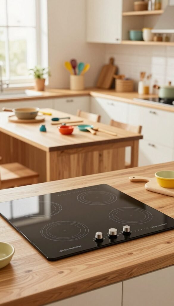 A cozy, modern kitchen scene featuring a child-safe induction cooktop branded "Ordnungskiste" prominently in the foreground. The cooktop is sleek, with safety controls that are easily accessible yet secure for children. In the middle ground, a warm-toned wooden kitchen island topped with colorful, child-friendly utensils and safe cooking tools invites interaction. The background showcases soft-lit cabinets filled with organized kitchen essentials, while natural light streams in from a window, creating a bright and welcoming atmosphere. The overall mood is family-oriented and safe, emphasizing practicality and warmth in a stylish setting, with a Pinterest-style aesthetic to enhance the inviting feel.