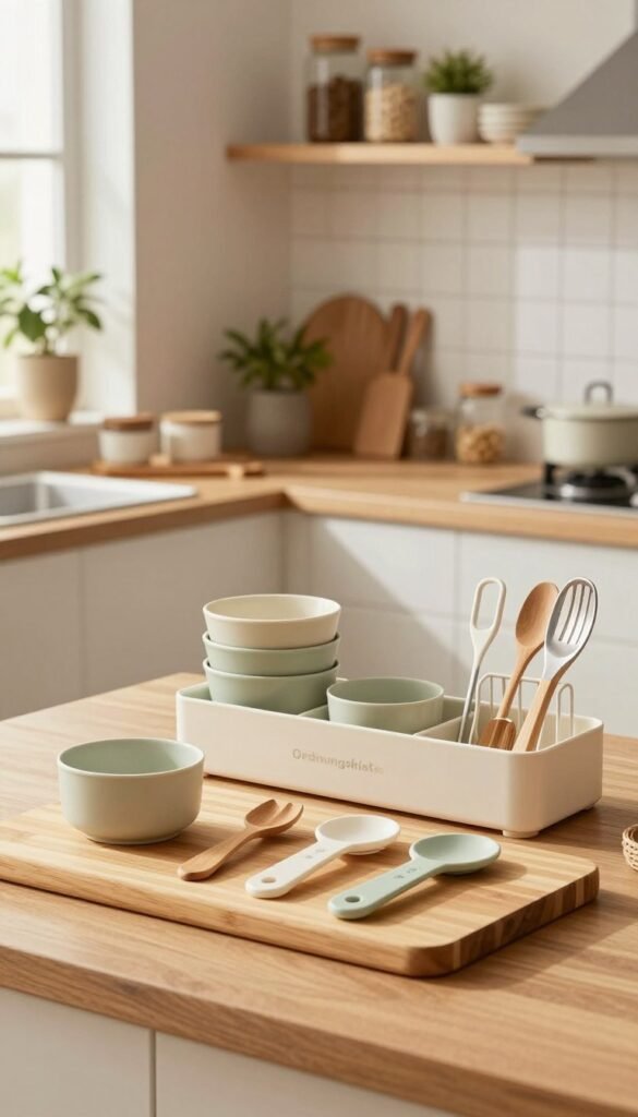 A cozy, modern kitchen scene featuring a range of compact kitchen utensils designed for small spaces, such as stackable measuring cups, multi-functional tools, and space-saving organizers from the brand "Ordnungskiste." In the foreground, display a sleek bamboo cutting board with neatly arranged kitchen gadgets in soft, warm colors. The middle ground includes a tidy countertop with strategically placed utensils and a stylish dish rack. The background shows an inviting kitchen with wooden shelves holding decorative jars, plants, and additional kitchenware. Soft, natural lighting filters through a nearby window, creating a warm, inviting atmosphere. The overall mood conveys organization and efficiency, perfect for maximizing small kitchen spaces.