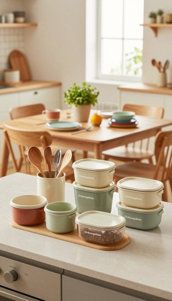 A cozy, modern kitchen scene featuring a range of space-saving kitchen helper sets, showcasing the brand "Ordnungskiste." In the foreground, neatly organized utensils and containers are displayed on a stylish kitchen counter, all embodying a warm, inviting aesthetic. The middle ground features a well-arranged dining table, partially set, with colorful dishware and a potted herb for a touch of greenery. In the background, light streams through a bright window, highlighting soft textures and natural wood elements. The overall composition should convey a harmonious and practical kitchen environment, with an emphasis on functionality and elegance. Warm colors dominate the scene, creating a Pinterest-worthy look that inspires and informs viewers about efficient kitchen solutions. Ideal for showcasing recommendations tailored to different kitchen types.