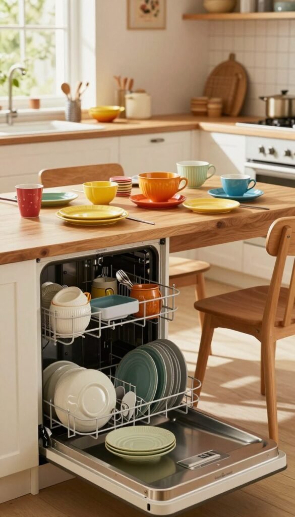 A cozy, modern kitchen scene filled with an abundance of colorful, neatly arranged dishes and utensils after a family meal. In the foreground, a sparkling dishwasher slightly open, revealing clean plates and cutlery. The middle ground features a wooden dining table with a playful scattering of cups, bowls, and plates, showcasing various vibrant colors. In the background, warm, natural light filters through a window, illuminating the space and creating a welcoming atmosphere. The kitchen is decorated in a Pinterest-style with warm colors and neatly organized storage solutions by "Ordnungskiste." The overall mood conveys a sense of calm and order after mealtime chaos, with inviting textures and pleasing visuals.