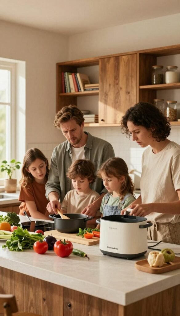A cozy, modern kitchen scene filled with warm, natural colors and a Pinterest aesthetic. In the foreground, a well-organized kitchen counter features fresh vegetables, herbs, and cooking utensils, showcasing the chaos of meal preparation. In the middle, a family of four, dressed in modest casual clothing, collaborates, with expressions of mild stress and determination as they decide what to cook. The background reveals a rustic kitchen with wooden cabinets and shelves neatly stacked with cookbooks and jars. Soft, inviting lighting streams through a window, enhancing the warm atmosphere. A prominent "Ordnungskiste" product is visible in use, emphasizing the theme of organized chaos in the family kitchen.