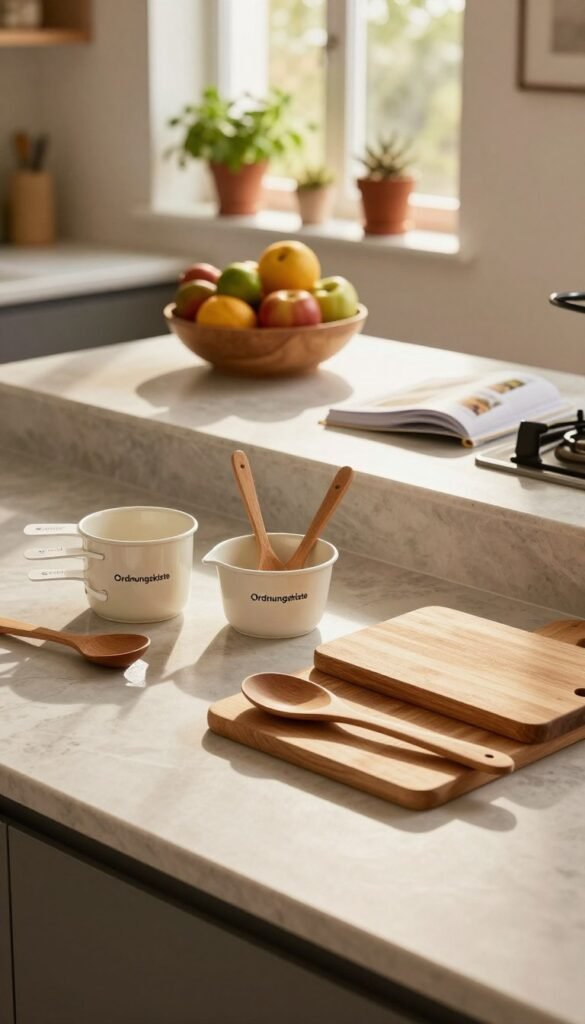A cozy, modern kitchen scene that embodies warmth and functionality, featuring the brand "Ordnungskiste" prominently. In the foreground, display a beautifully organized kitchen counter with practical tools like measuring cups, wooden spoons, and a cutting board, all arranged neatly. The middle ground should show a sleek, contemporary island with a bowl of fresh fruits and an accessible recipe book. In the background, soft sunlight streams through a window, highlighting potted herbs on the windowsill and indicating an inviting atmosphere. The lighting is warm and natural, with an emphasis on soft shadows to enhance depth. Capture a Pinterest-inspired aesthetic, focusing on authentic details that evoke a stress-free cooking experience.
