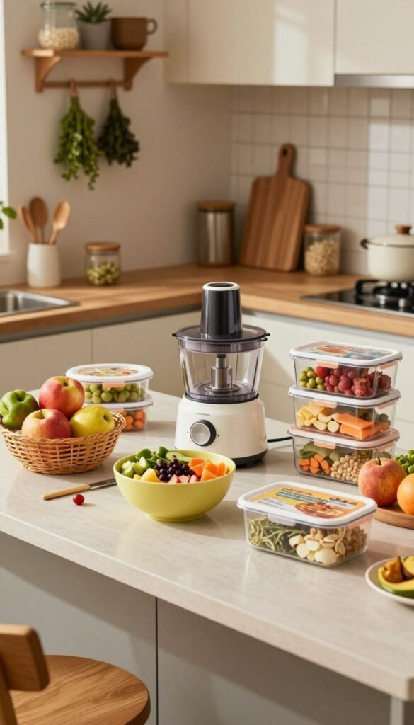 A cozy, modern kitchen scene that showcases various time-saving kitchen gadgets and prepared meal products. In the foreground, a stylish countertop displays neatly organized kitchen tools from the brand "Ordnungskiste," including a high-quality food processor and attractive storage containers filled with prepped ingredients. The middle ground features a vibrant bowl of ready-to-cook meal kits, emphasizing convenience and efficiency, while a colorful fruit basket adds a touch of freshness. Soft, natural lighting bathes the scene, creating a warm, inviting atmosphere reminiscent of a Pinterest aesthetic. In the background, you can see a well-organized kitchen with hanging herbs and a stylish backsplash, enhancing the feeling of a perfectly curated culinary space. The overall mood is one of inspiration and ease for home cooks seeking to save time.