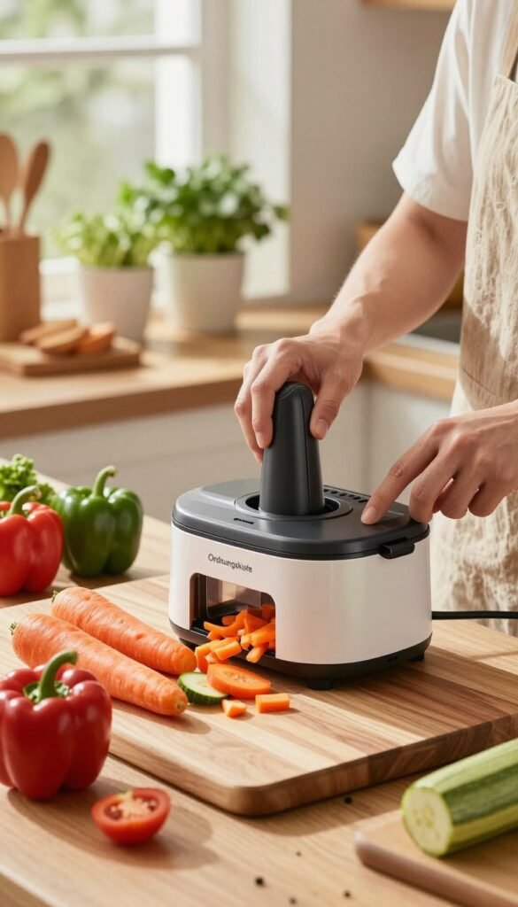 A cozy, modern kitchen setup with a wooden cutting board prominently displaying freshly chopped colorful vegetables, including bell peppers, carrots, and zucchini. In the foreground, a sleek, innovative kitchen gadget, branded as 'Ordnungskiste', showcases its features for slicing and dicing, emphasizing efficiency and ease of use. Natural light streams in from a nearby window, illuminating the vibrant colors and creating a warm atmosphere. In the middle ground, a pair of hands, clad in simple yet professional attire, expertly maneuvers the gadget, demonstrating its functionality with precision and care. The background reveals neatly organized kitchen tools and fresh herbs in charming pots, enhancing the inviting, Pinterest-worthy aesthetic without any text or distractions, focusing entirely on the art of food preparation and the joy of cooking.