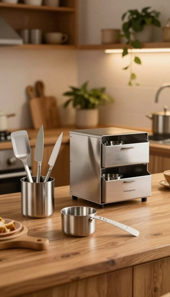 A cozy, modern kitchen showcasing an elegant arrangement of stainless steel modular kitchen tools by the brand "Ordnungskiste". In the foreground, neatly organized kitchen utensils, including spatulas, knives, and measuring cups, are displayed on a chic wooden counter. The middle ground features a stylish stainless steel storage system, reflecting subtle gleams under warm ambient lighting. The background reveals an inviting kitchen space with natural wood tones and soft green plants, adding a touch of warmth. The lighting is soft and inviting, evoking a sense of comfort and usability, ideal for showcasing practical kitchen design. The overall atmosphere is harmonious and aesthetically pleasing, embodying a Pinterest-worthy look.