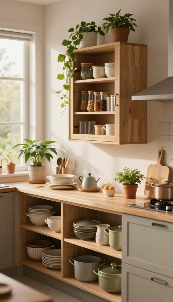 A cozy, modern kitchen showcasing clever storage solutions with a focus on maximizing space without renovation. In the foreground, sleek open shelves filled with neatly arranged kitchenware and plants, promoting an organized aesthetic. The middle features a beautifully designed wall-mounted cabinet labeled &ldquo;Ordnungskiste,&rdquo; highlighting practical nooks utilized for spices and utensils. In the background, large windows let in warm, natural light, adding a soft glow to the scene. The color palette consists of earthy tones, creating a calm atmosphere. The image captures an inviting, Pinterest-worthy kitchen ambiance, emphasizing the harmony between functionality and style, ideal for reducing stress in the cooking environment, with no text or distractions.
