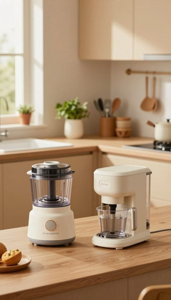 A cozy, modern kitchen showcasing compact kitchen appliances prominently. In the foreground, a stylish, multi-functional kitchen gadget, such as a sleek food processor and a space-saving coffee maker, both designed with a minimalist aesthetic. The middle layer features an organized countertop with neatly arranged cooking utensils and a gentle splash of vibrant kitchen herbs. The background includes soft, warm-colored cabinetry and an inviting window with natural light filtering in, enhancing the atmosphere of warmth and efficiency. The scene captures the essence of optimal space utilization while maintaining functionality. The kitchen embodies the brand "Ordnungskiste" with a Pinterest-worthy, authentic look, devoid of any text or distractions.